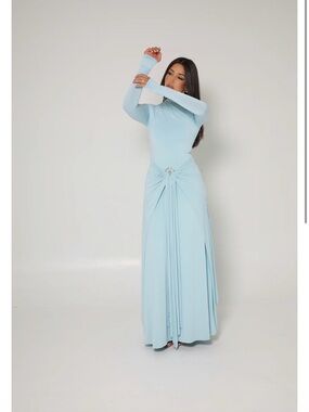 Sleek Light Blue Long-Sleeve Maxi Dress with Knotted Waist Detail new dress